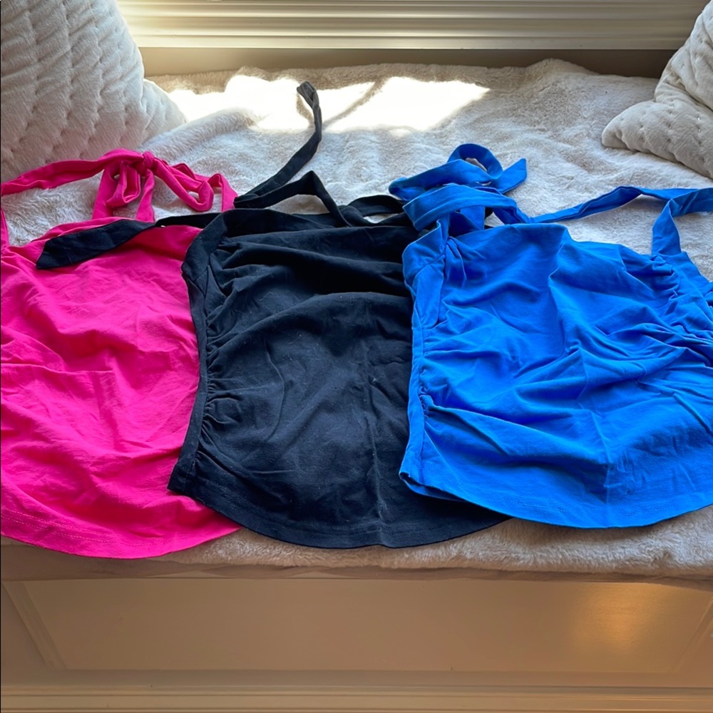 Set of Three Halter Tank Tops - Pink, Black, Blue
